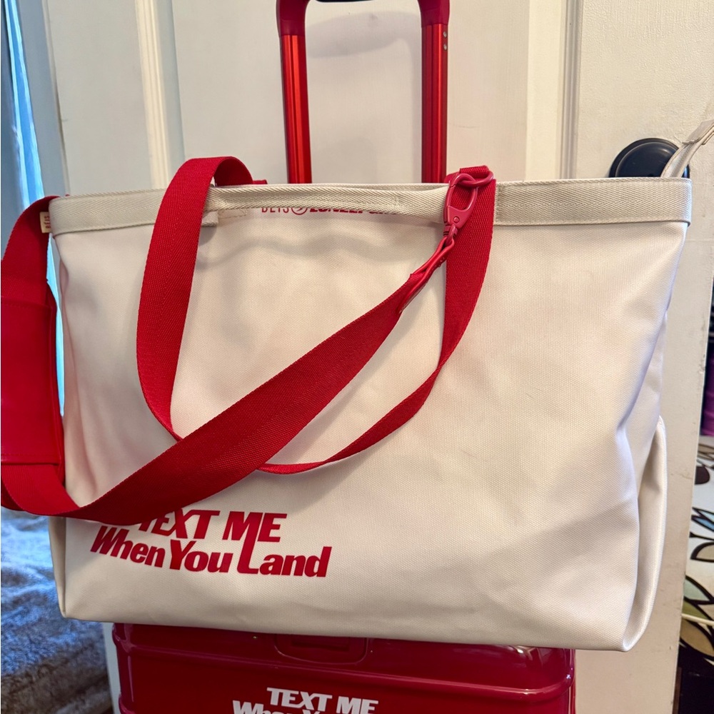 Text Me When You Land White and Red Tote Bag